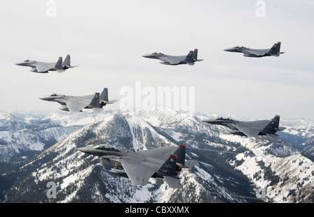 Una formazione a sei navi di F-15C Eagle e F-15E Strike Eagle sorvolano le Sawtooth Mountains in Idaho 13 ottobre 2009. Gli aeromobili provengono dalla 366th Fighter Wing presso la Mountain Home Air Force base, Idaho. Foto Stock