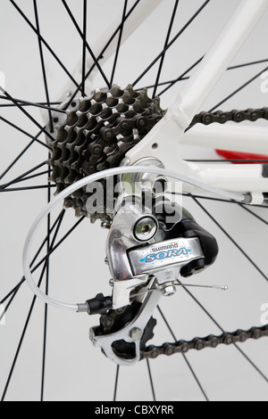Bici da corsa bicicletta deragliatore posteriore pignoni ingranaggi di trasmissione a catena Foto Stock