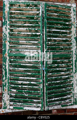 Weathered verde chiuso persiane alle finestre Foto Stock