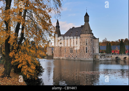 Castello Jehay con facciata a scacchiera in autunno, Belgio Foto Stock