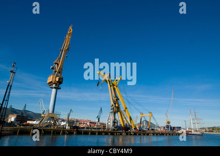 Torri gialle gru presso i cantieri navali Celaya nel fiume Nervion a Erandio, Bizkaia Foto Stock