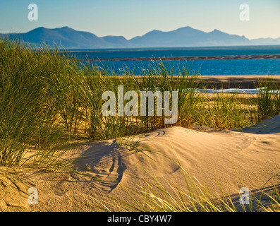 Colline di Lleyn penninsula da dune di sabbia di Newborough vicino Llanddwyn, sull'isola di Anglesey. Galles del nord Foto Stock