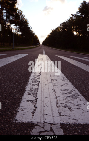 Strada Asplhalt attraversamenti pedonali e marcature deviding road. Foto Stock