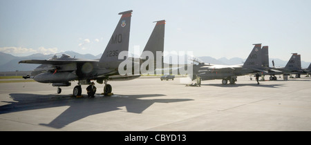 F-15E Strike Eagles aspetta sulla linea di volo 25 agosto 2010, alla base congiunta Elmendorf-Richardson, Alaska. I F-15E provengono dal 391esimo Squadron dei combattitori fuori dalla base dell'aeronautica domestica di montagna, Idaho e sono impiegati qui per aiutare nell'addestramento del Raptor di F-22. Foto Stock