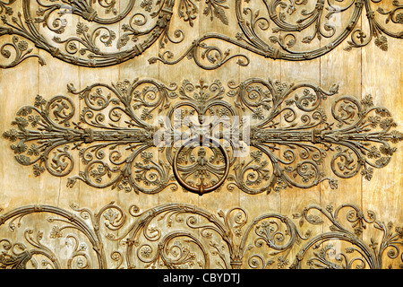 Dettaglio con decorazioni di metallo su una porta di legno Foto Stock