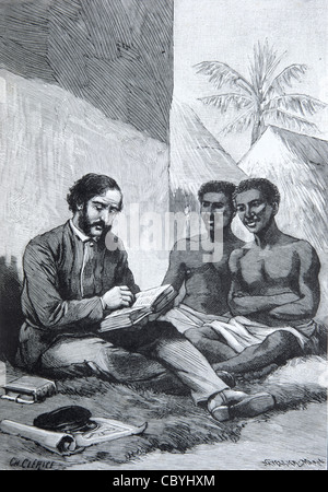 David Livingstone (1813-1873) Scozzese esploratore, Dottore e Missionario che legge Bibbia o Libro tpo africani in African Village.Vintage Illustrazione o incisione Foto Stock