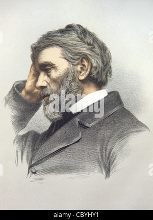 Ritratto di Thomas Carlyle (1795-1881) saggio, scrittore, storico e critico sociale influente scozzese. Incisione verticale o illustrazione vintage Foto Stock