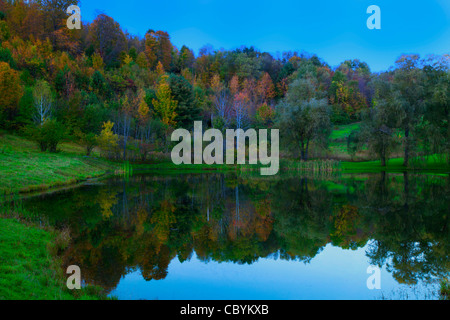 I colori dell'autunno a un piccolo stagno riflettente vicino Pomfret, Vermont. Foto Stock