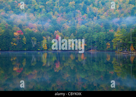 Nebbia di mattina su un riflettente Lago Smeraldo, Vermont. Foto Stock