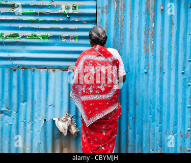 Il vecchio donna indiana in un sari rosso in piedi di fronte ad uno stagno blu shack. Andhra Pradesh, India Foto Stock