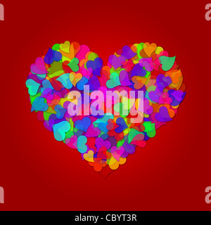 Cuori colorati formando grandi il giorno di San Valentino forma di cuore Design Illustrazione su sfondo rosso Foto Stock