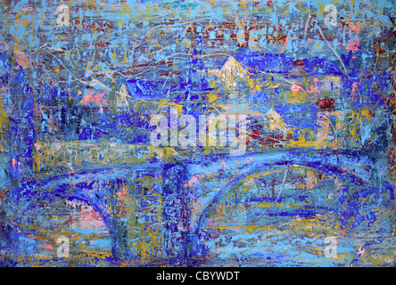 Una pittura astratta con blue bridge. Ho dipinto questo dipinto con acrilici su tela. Foto Stock