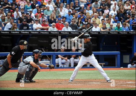 Che regna al home run re Jose Bautista del Toronto Blue Jays a bat presso il Rogers Centre Agosto 28, 2011 a Toronto Foto Stock