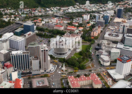 Parte del CBD di Wellington compresi gli edifici del Parlamento come visto da sopra. Foto Stock