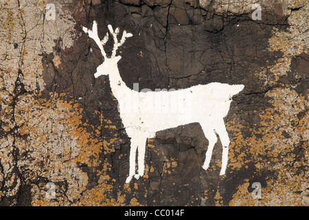 Una pittura di un cervo bianco sulle rocce al cervo Bamburgh Rock, Northumberland, England Regno Unito Foto Stock
