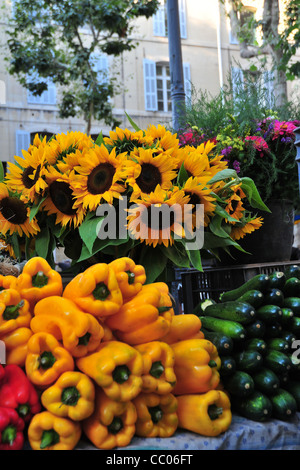 Vendita di ortaggi e di girasoli nel mercato, AIX-EN-PROVENCE (BOUCHES-DU-RHONE (13), Francia Foto Stock