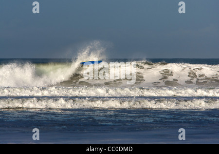 Un surfista salviette fuori su una grande onda a Porthtowan Beach, Cornwall. Foto Stock