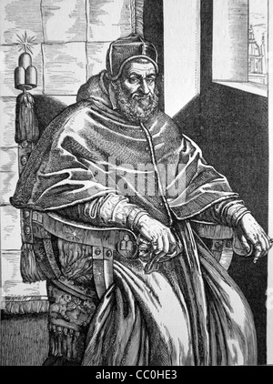 Ritratto di Papa Sisto V (1520-1590. 1585-90. Papa seduto sul trono papale. Illustrazione o incisione vintage Foto Stock