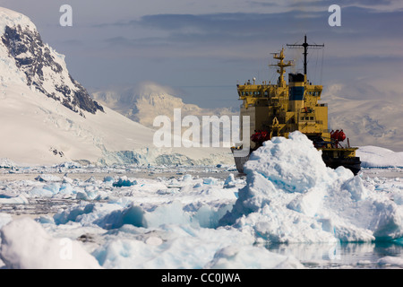 Antartico peninsulare Kapitan Khlebnikov Icebreaker ormeggiati ancorata Foto Stock