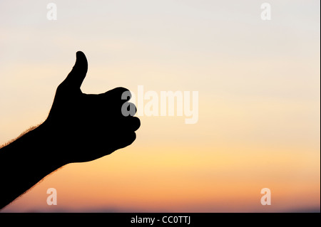 Thumbs up silhouette a mano contro il cielo di sunrise Foto Stock