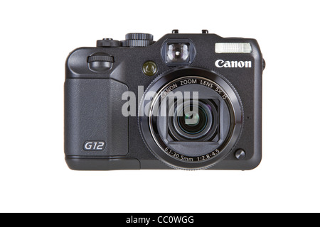 Canon G12 Telecamera - vendita al dettaglio del prodotto colpi contro il bianco puro sfondo fotografati in studio di illuminazione. Foto Stock