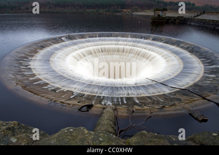 Uno dei la scampanatura trabocca noto come plugholes al serbatoio Ladybower nella parte superiore della valle del Derwent nel Derbyshire Foto Stock