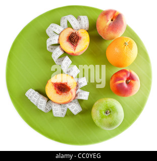 Foto di frutti diversi sulla piastra verde isolato su bianco Foto Stock