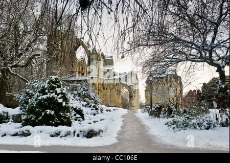 Rovine dell'abbazia di St Mary incorniciata da alberi nei Museum Gardens di York, nella neve. Foto Stock