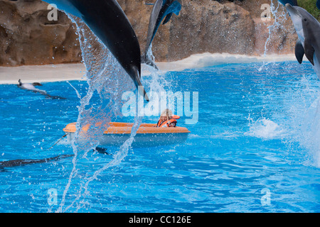 Loro Parque Tenerife del primo wildlife zoo attrazione. Lo spettacolo dei delfini. Bambina prende in barca e soddisfa i delfini. Foto Stock