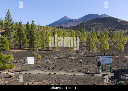 Il vulcano di Samara sentieri, approccio al Monte Teide Tenerife. Informazioni e la mappa di bordo, con giovane donna walker studiare mappa Foto Stock