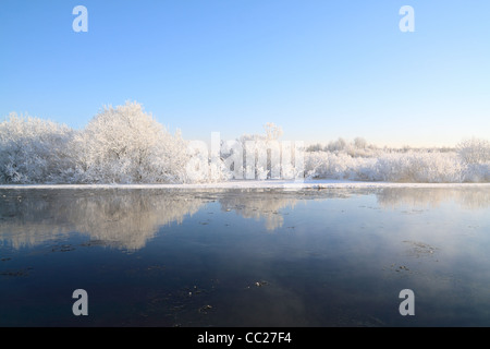 Boccole in neve sul fiume costa Foto Stock