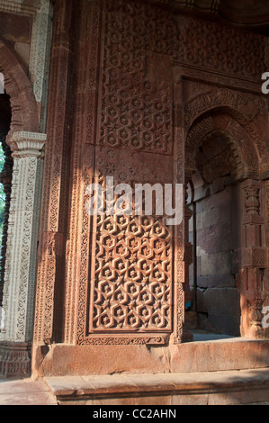 Sculture intricate dettaglio, Alai Darwaza, Qutb Minar complesso, New Delhi, India Foto Stock