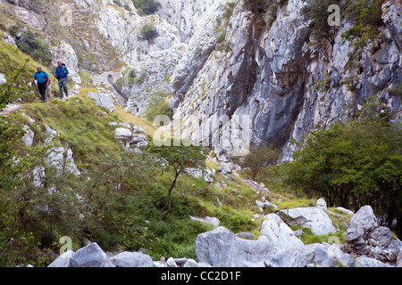 Gli escursionisti in Canal el Texu Gorge, vicino la Garganta del Cares (Gola di Cares) in Picos de Europa Foto Stock