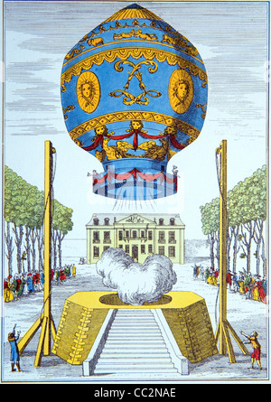 Mongolfiere Hot Air Balloon. Primo volo di una mongolfiera da nubile o del mondo, Parigi, novembre 1783. c19 incisione o illustrazione Foto Stock