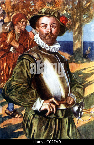 Navigatore inglese Sir Francis Drake mostrato durante lo sbarco in una delle fermate ha fatto, mentre la vela il suo galeone "Pellicano.". Foto Stock