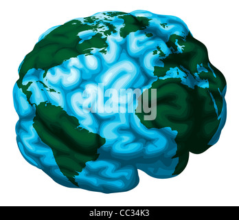 Una illustrazione concettuale di un globo mondo nella forma di un cervello umano Foto Stock