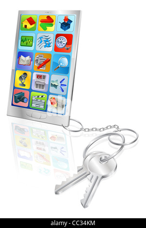 Telefono cellulare con set di chiavi allegate. Fissare l'accesso di telefono o telefono lo sblocco. Foto Stock