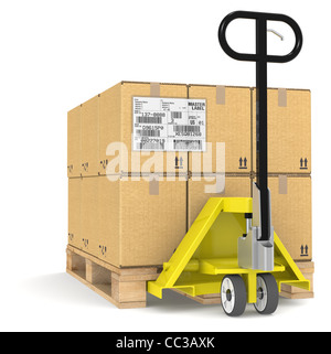 Transpallet/Jack e un pallet con scatole di cartone. Campione etichetta EDI Foto Stock