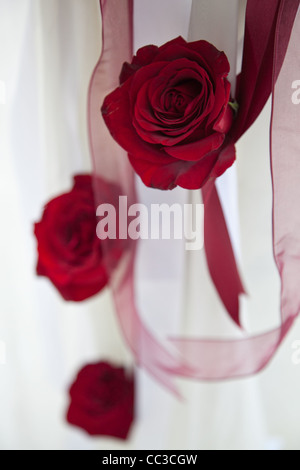 Decorazioni per matrimoni - Rose sul tessuto bianco Foto Stock