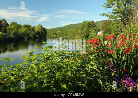 Vista dal ponte di fiori in Shelburne Falls, Massachusetts Foto Stock