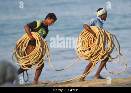 Fotografia di Roy Riley pescatori scacciando le loro reti sulla spiaggia a Kovalam in Kerala, India Foto Stock