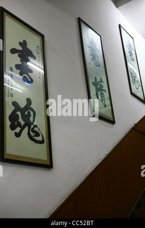La calligrafia cinese sulla parete, Pechino Forestsong Bookstore, Pechino, Cina Foto Stock