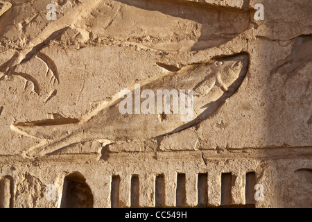 Vista di rilievo nel tempio mortuario del faraone Ramesse III, Medinet Habu, West Bank, Luxor, Egitto Foto Stock