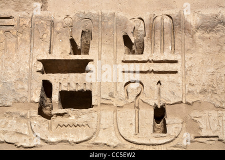 Vista dei rilievi nel tempio mortuario del faraone Ramesse III, Medinet Habu, West Bank, Luxor, Egitto Foto Stock