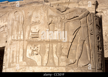Colonna in hypostyle hall nel tempio mortuario del faraone Ramesse III, Medinet Habu, West Bank, Luxor, Egitto Foto Stock