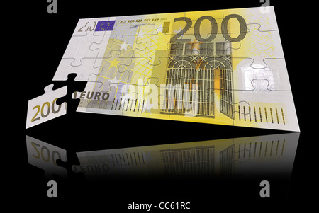 200 banconota in Euro puzzle nella parte anteriore del nero lo sfondo con mirroring Foto Stock