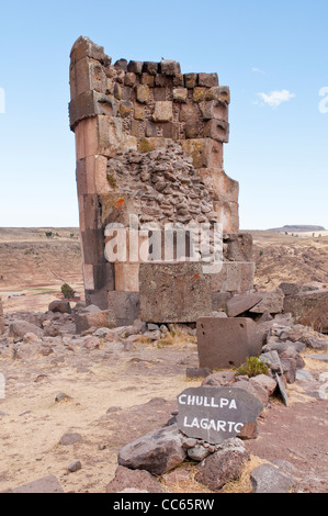 Perù, Puno. Antiche rovine pre-inca di Chullpas de Sillustani fuori Puno vicino al lago di Umayo, Puno, Perù. Foto Stock