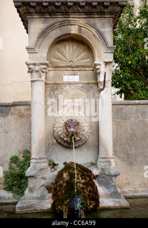 La testa di un leone fontana sculpute a Lourmarin, Provenza, Francia Foto Stock