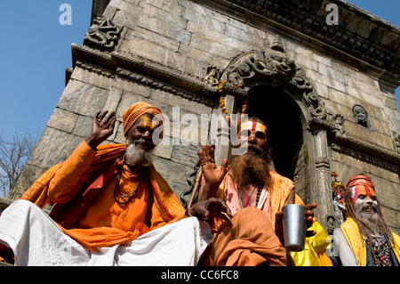 Sadhus colorati in tempio di Pashupatinath in Nepal. Foto Stock