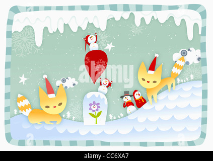 Le volpi e i pupazzi di neve indossando santa vestiti con sfondo inverno Foto Stock